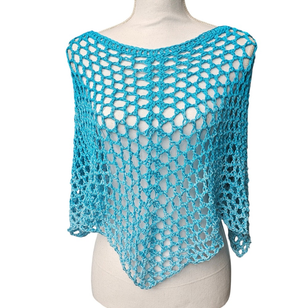 Handmade Crochet Shawl Women Teal Ombre Cotton Boho Poncho - Picture 2 of 12